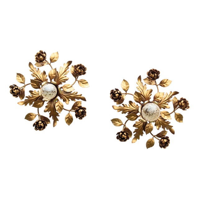 Gold-Plated Wall Lights with Roses, Italy, 1970s, Set of 2 For Sale