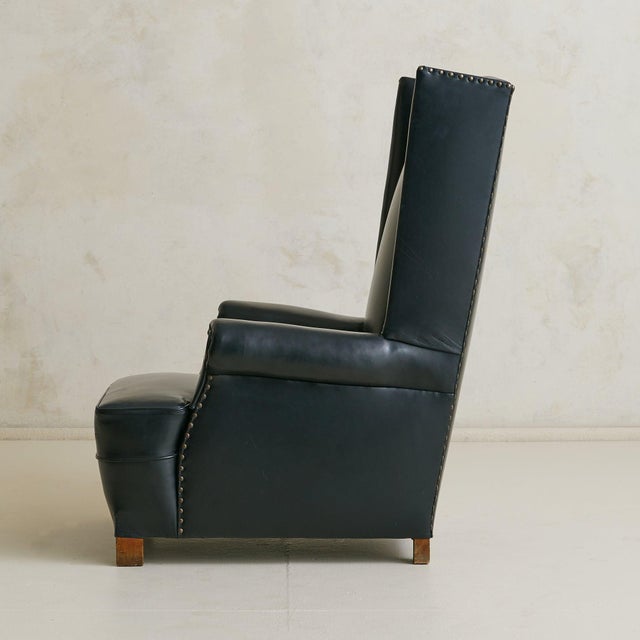 Modern Vintage French Black Leather High-Back Club Chair with Wooden Legs - 2 Available For Sale - Image 3 of 18