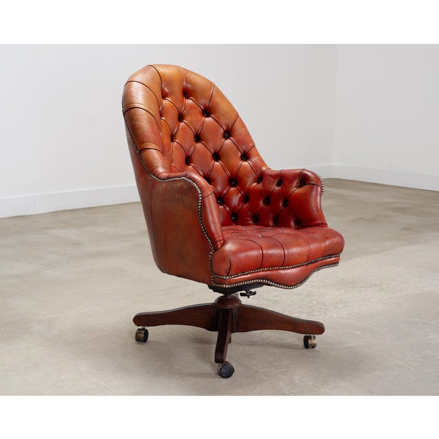 Chesterfield-Style Tufted Leather Executive Swivel Desk Chair For Sale - Image 4 of 18