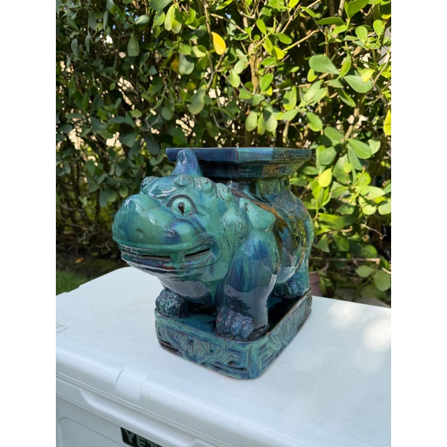 Chinoiserie Vintage Blue Green Glazed Terracotta Foo Dog Petite Garden Stool For Sale - Image 3 of 11
