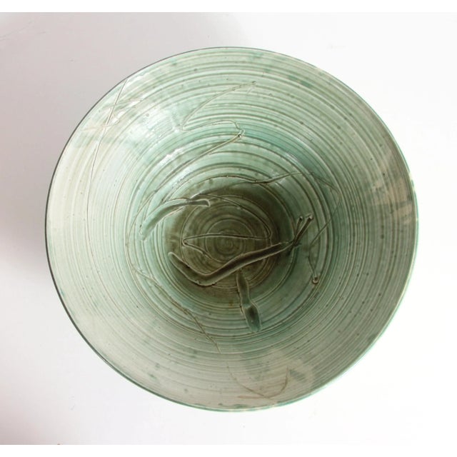 Large Celadon Glazed Ceramic Bowl With Incised Abstract Decoration For Sale - Image 4 of 9