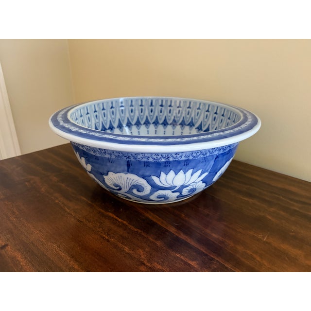 Late 20th Century Chinoiserie Blue and White Porcelain Large Decorative Bowl With Koi Fish Motif For Sale - Image 5 of 7