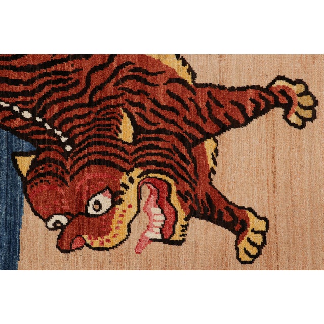 Contemporary Rug & Kilim’s Contemporary Tiger Pictorial Rug in Beige, Blue and Red Tones For Sale - Image 3 of 7
