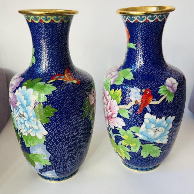 Pair of Vintage Chinese Cloisonné Vases | Blue Ground Peony, Butterfly & Bird Motif For Sale - Image 4 of 9