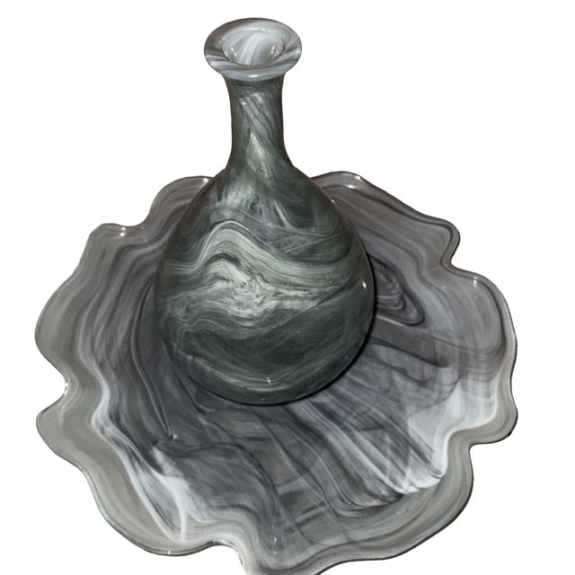 This Exquisite Rare Made in Spain Classic Mid-Century EcoGlass Smoky Swirled Hand Blown Glass Vase and Ruffled Rim Bowl...