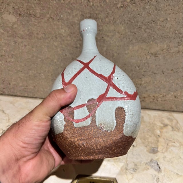 Abstract 1970s Studio Pottery Vase Abstract Red White Vessel Signed For Sale - Image 3 of 11