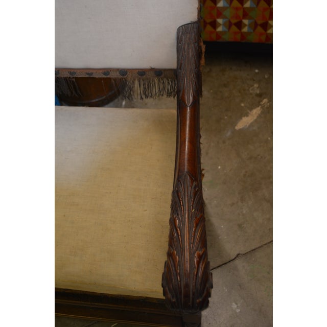Antique Carved Wood Arm / Throne Chair Straw / Hair Stuffed W/ Metal Rivets For Sale - Image 15 of 17
