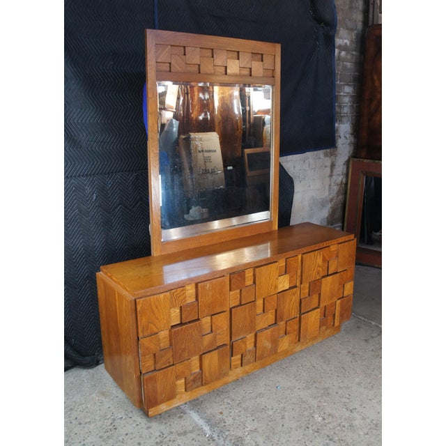 Lane Furniture 1970s Lane Staccato Mid Century Modern 9 Drawer Oak Brutalist Mirrored Dresser Lowboy For Sale - Image 4 of 13