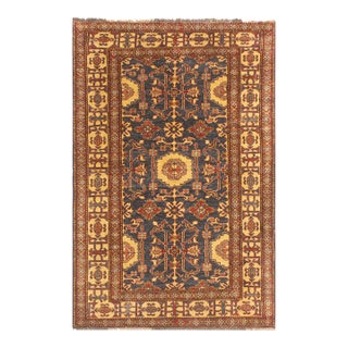 Boho Chic Super Kazak Blue/Gold Wool Rug - 3'11'' X 6'3'' For Sale