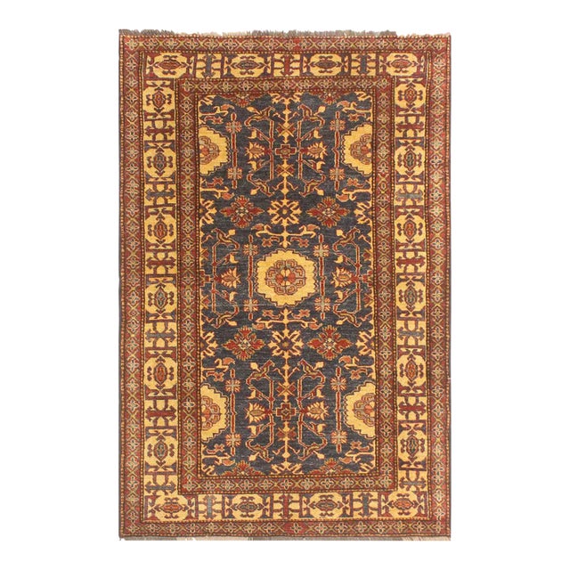 Boho Chic Super Kazak Blue/Gold Wool Rug - 3'11'' X 6'3'' For Sale
