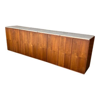 Insane Floating Walnut Credenza With Travertine Top and Chrome Brackets to Mount on Wall Bar For Sale