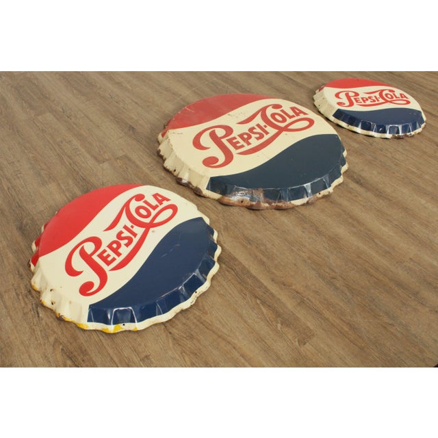 Mid-Century Modern Pepsi Cola Vintage Set 3 Metal Bottle Cap Signs, Stout For Sale - Image 3 of 13