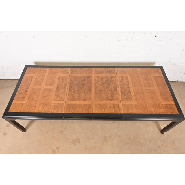 1970s Raymond Sobota for Century Furniture Hollywood Regency Chinoiserie Burl Wood and Black Lacquer Extension Dining Table, Refinished For Sale - Image 5 of 11