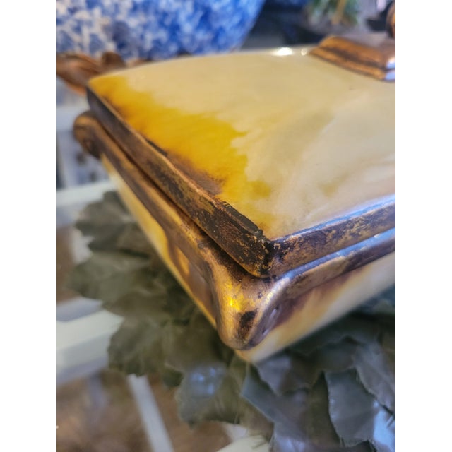 Ceramic Vintage Ceramic Pale Yellow, Green Gold Fleur De Lis Decorative Storage Box For Sale - Image 7 of 10
