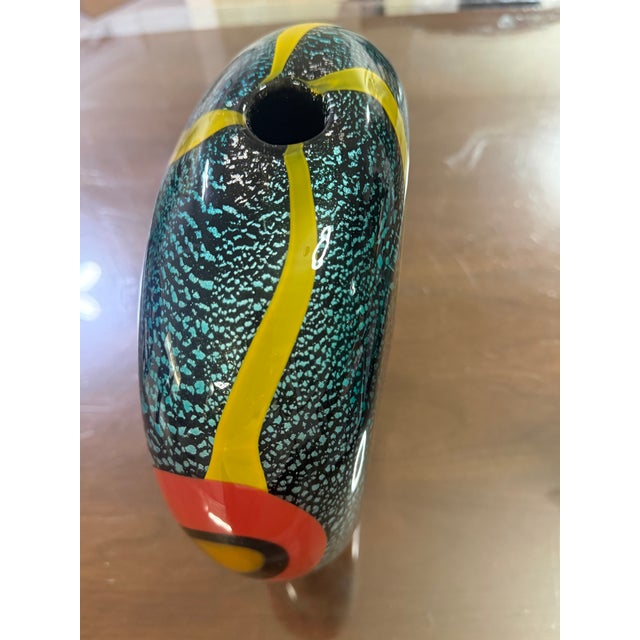 Allain Guillot French Studio Art Glass Vase, Turquoise Foil With Red Murrine and Yellow Bands, Signed m.06-50 For Sale - Image 10 of 11