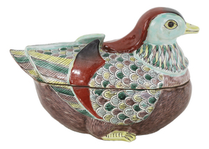 Vintage Chinese Famille Verte Porcelain Mandarin Duck Hand-Painted Covered Bowl