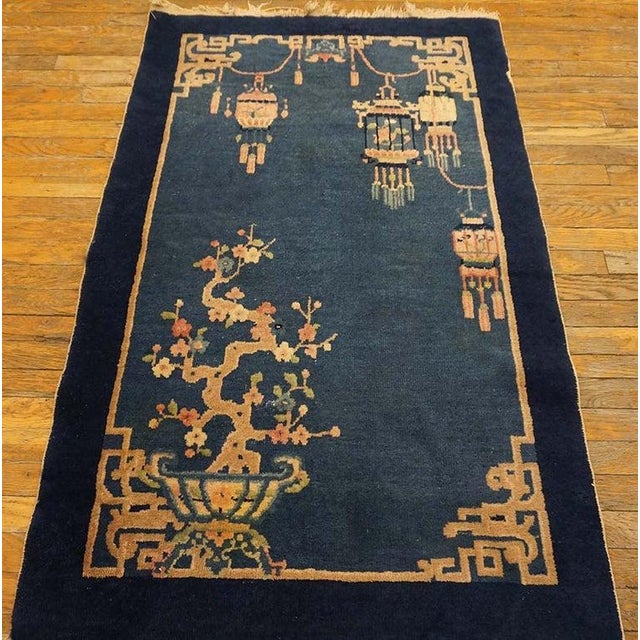 Small Antique Early 20th Century Blue Vase Floral Chinese Art Deco Carpet Rug For Sale - Image 9 of 9