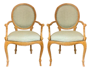 1970s French Napoleonic Style Carved Maple Rope Bergere Chairs - Pair
