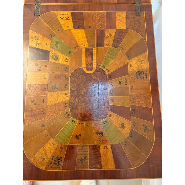 Antique Edwardian Inlaid Folding Game Table Featuring The Royal and Pleasant Game of Goose, 1900s For Sale - Image 13 of 15