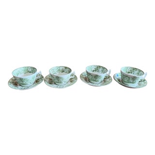 1940s Wood's "English Scenery" Green Transfer Cups and Saucers - Set of Four Enoch For Sale