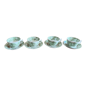 1940s Wood's "English Scenery" Green Transfer Cups and Saucers - Set of Four Enoch