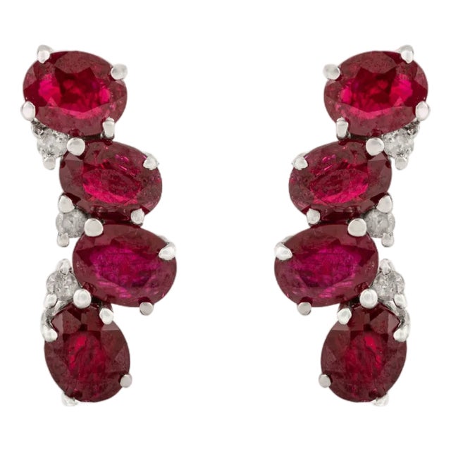 Art Deco Inspired Solid Silver Oval Ruby & Diamond Crawler Earrings- 2 Pieces For Sale