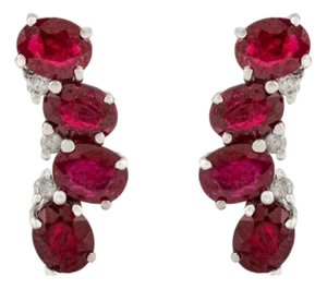 Art Deco Inspired Solid Silver Oval Ruby & Diamond Crawler Earrings- 2 Pieces