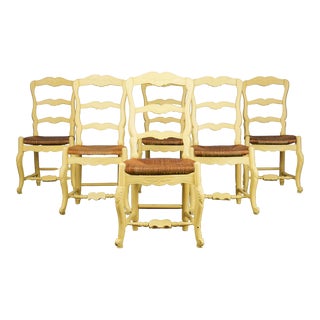 Country French Louis XV Style Provincial Painted in Yellow Dining Chairs W/ Rush Seats - Set of 6 For Sale