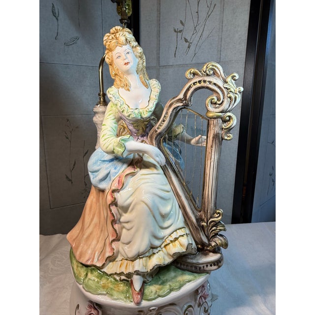 1940s Capodimonte Porcelain Table Lamp Lady Playing Harp 40 in Tall. For Sale - Image 12 of 12