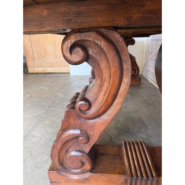 Spanish Colonial Revival Walnut Dining Table With Hand-Carved Scroll For Sale In Los Angeles - Image 6 of 17