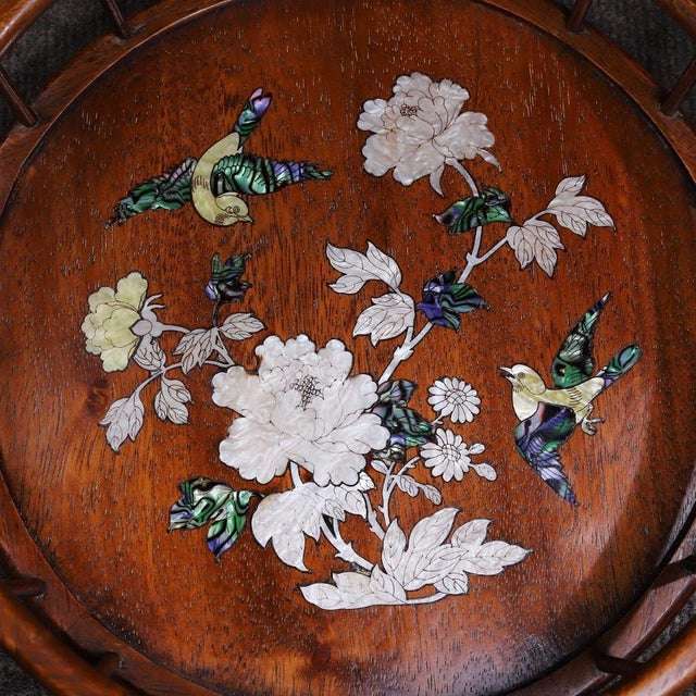 Mid 20th Century Vintage Chinese Rosewood Tea Tray | Mother-of-Pearl Inlaid Bird & Flower Motif For Sale - Image 5 of 9