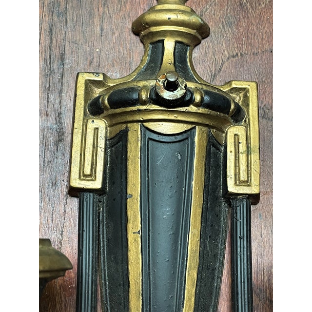Black Mid 20th Century Neoclassical Style Greek Key & Urn Cast Metal Wall Candle Sconces Signed Empire For Sale - Image 8 of 15
