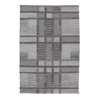 Modern Scandinavian Flat Weave Rug With Grid Pattern in Gray For Sale