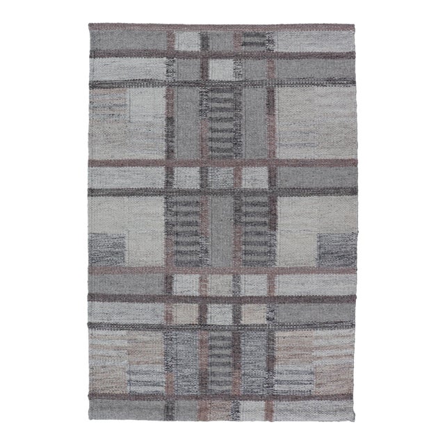 Modern Scandinavian Flat Weave Rug With Grid Pattern in Gray For Sale