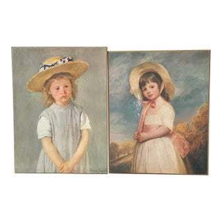 Pair of Children Portraits Romney Cassat Lithographs on Woodboard For Sale