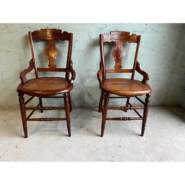 Early 20th Century Pair of Antique Eastlake Walnut Cane Seat Armchairs For Sale - Image 4 of 11