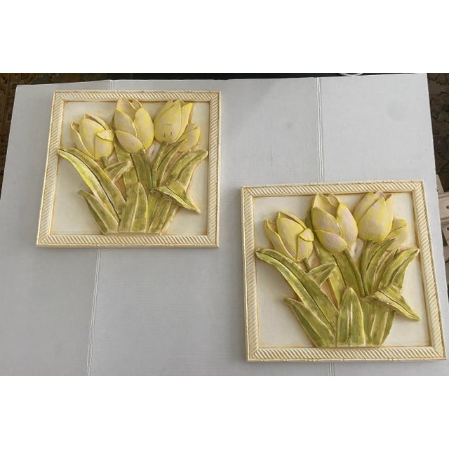 Mid Century Bas Relief Plaster Floral Wall Plaque Painting a Pair For Sale - Image 13 of 13