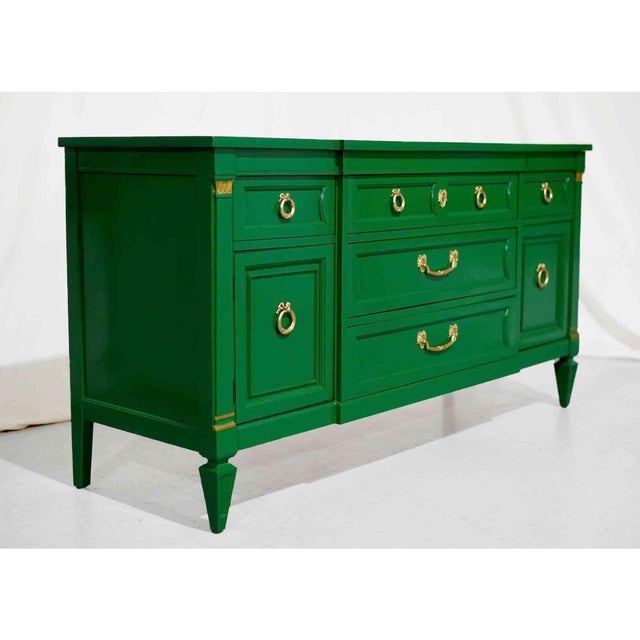 Transitional Vintage Transitional Credenza Ribbon Hardware in Green by Thomasville - Newly Painted For Sale - Image 3 of 12