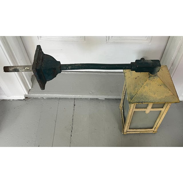 Yellow Antique Early 20th C. Aesthetic Movement Mission or Mackintosh Style Outside Iron Wall Lantern For Sale - Image 8 of 17