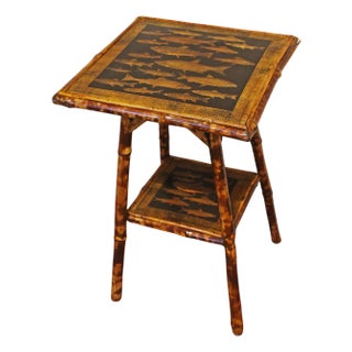 C. 1880 2- Tier Decoupage Bamboo Table With Fish Detail For Sale