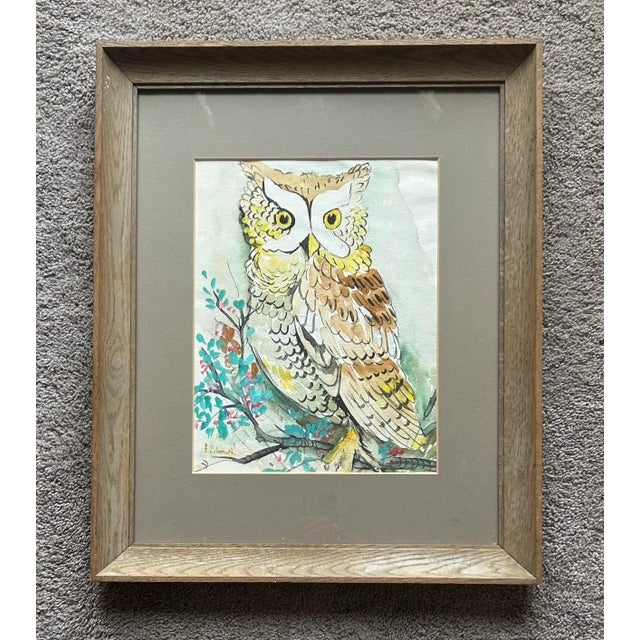 Vintage original watercolor of an owl in vintage wood frame. Signed to the lower left corner. Image measures 13.25 x 10.25”.