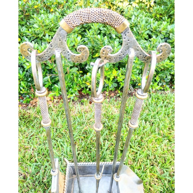 Gold Silver Forged Iron Maitland Smith Style FirePlace Accessory Set Tools 4 Piece For Sale - Image 12 of 13