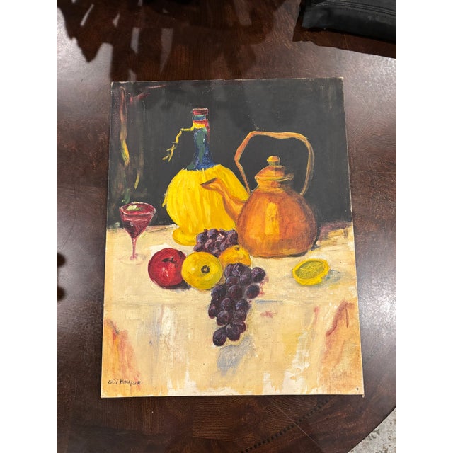 Vintage Still Life Oil Painting With Fruit, Wine Bottle & Copper Kettle, 14” × 18” For Sale - Image 10 of 10