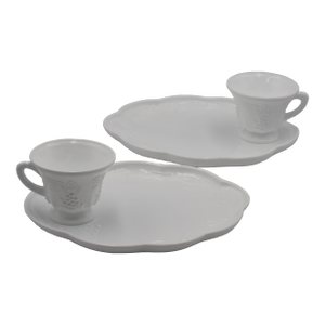 1950s Indiana Colony White Harvest Milk Glass Grape Luncheon Snack Tray & Cup 4pc Set
