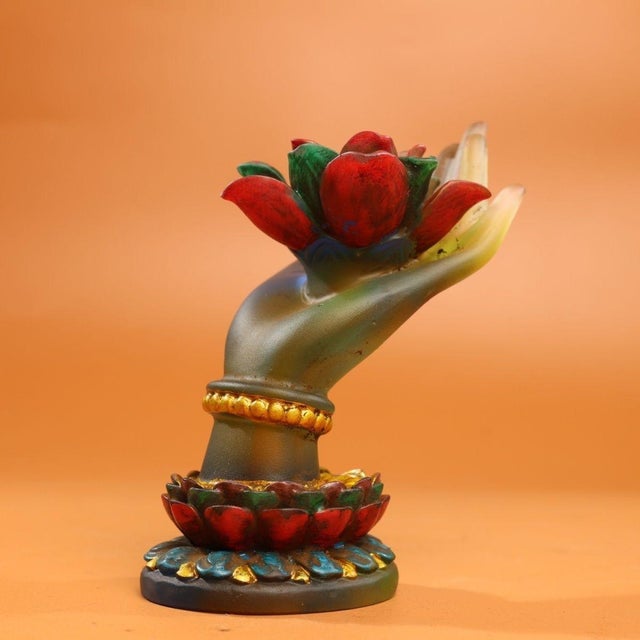 Late 20th Century Vintage Liuli Glass Buddha's Hand Holding Lotus Statue Altar Decor 4.7" For Sale - Image 5 of 9