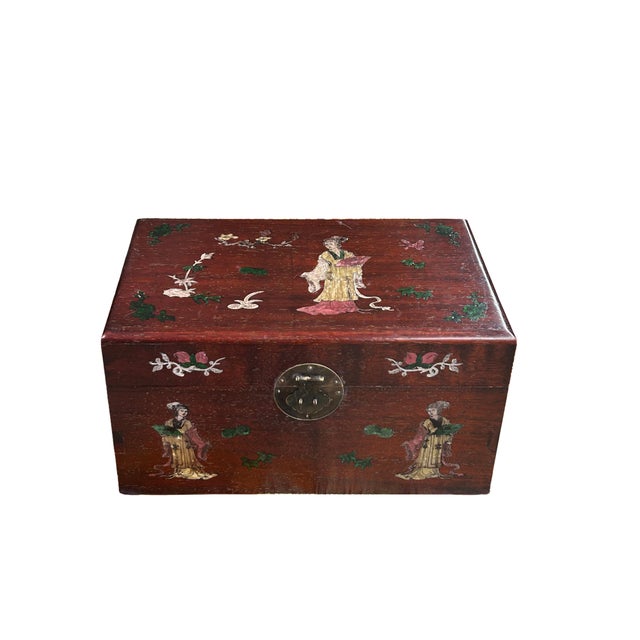 1990s Oriental Mother of Pearl Graphic Reddish Brown Wood Trunk Chest Box For Sale - Image 5 of 7