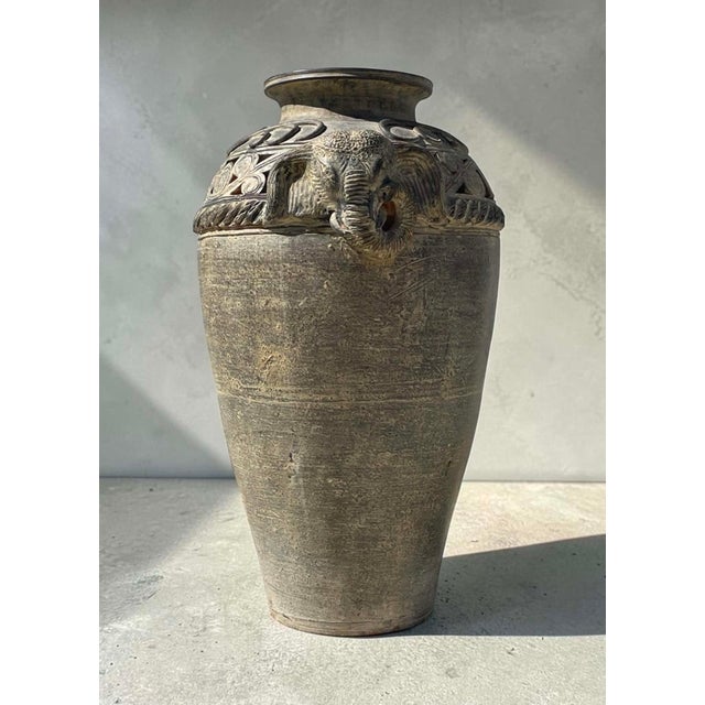 Gray Late 20th Century Thailand Ban Chiang Vintage Earth Ware Terracotta Elephant Floor Vase For Sale - Image 8 of 9