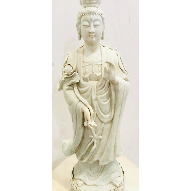 Figurative Asian Celadon Crackle Glaze Quan Yin Sculpture For Sale - Image 3 of 5