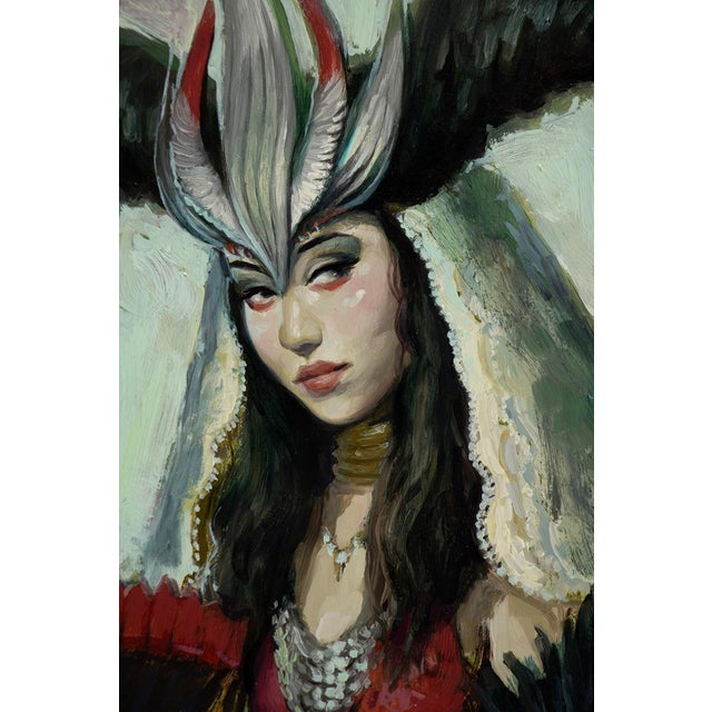 Figurative Morgan La Fay by Nadezda | Oil on panel Woman in elaborate costume holding a fan. For Sale - Image 3 of 5