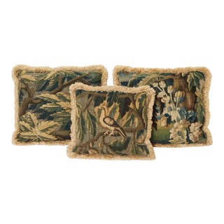 Antique Tapestry Design Pillows With Fringe- Set of 3 For Sale